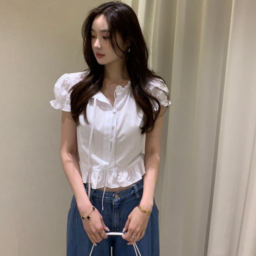 있음 선적 사이즈 업데이트 한국 chic 여름 새로운 달콤함 디자인 센스 레이스업 레이스 슬림해 보이는 쇼트 스타일 작은 셔츠