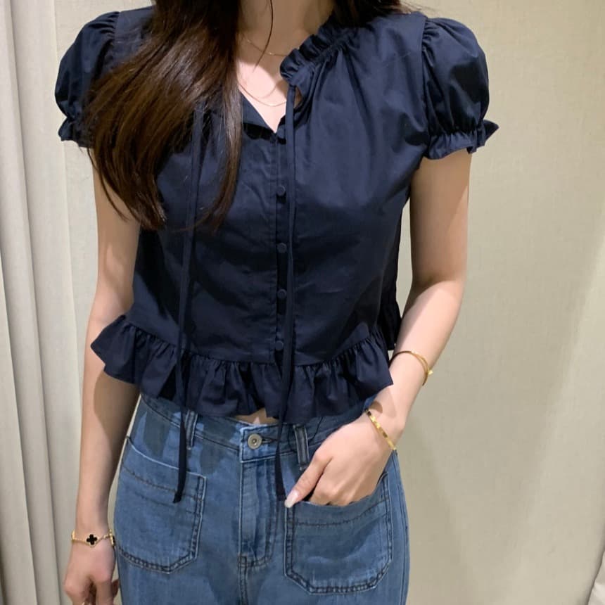 있음 선적 사이즈 업데이트 한국 chic 여름 새로운 달콤함 디자인 센스 레이스업 레이스 슬림해 보이는 쇼트 스타일 작은 셔츠 이미지 4
