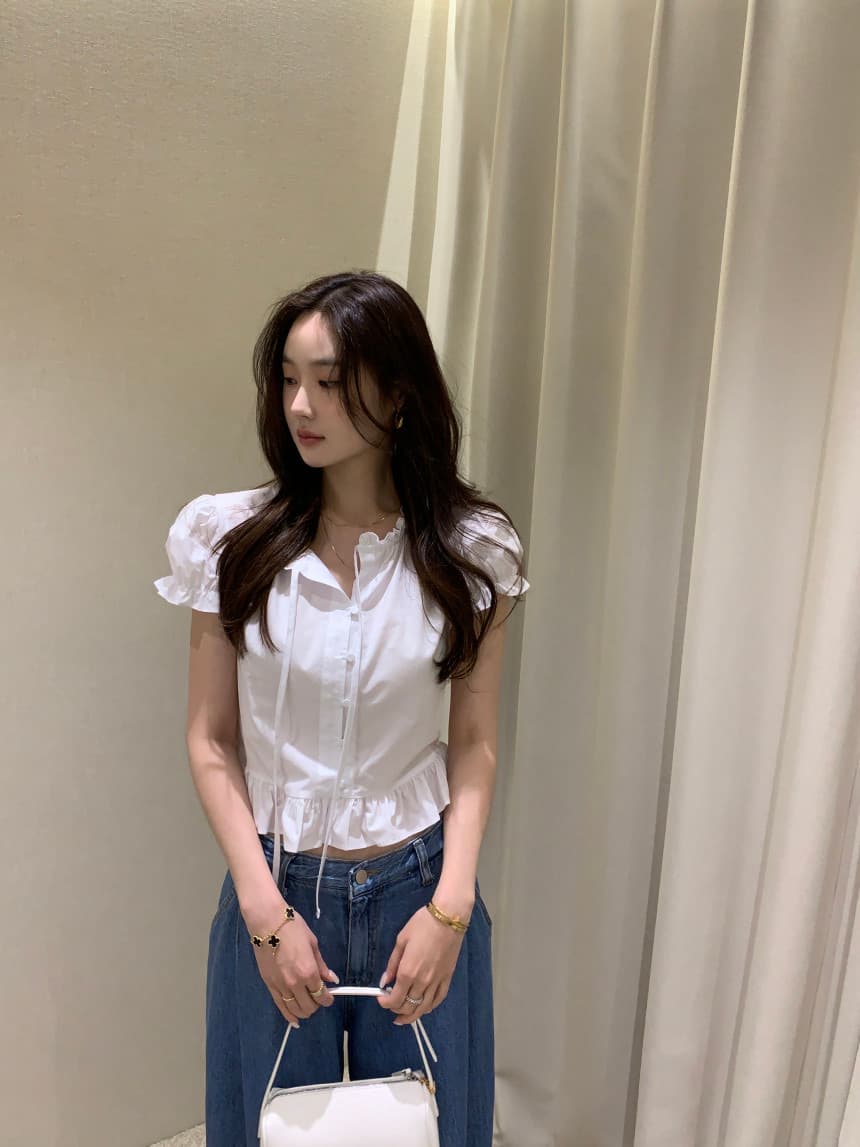 있음 선적 사이즈 업데이트 한국 chic 여름 새로운 달콤함 디자인 센스 레이스업 레이스 슬림해 보이는 쇼트 스타일 작은 셔츠 상세 이미지 1