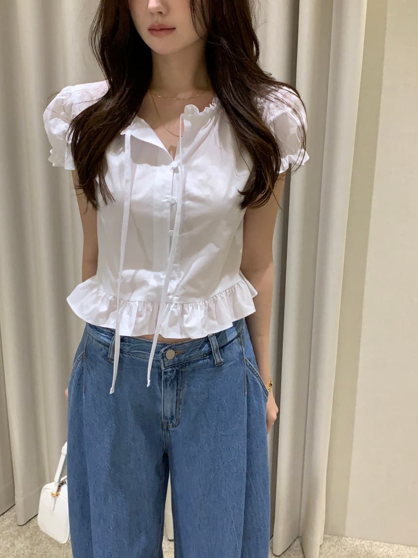 있음 선적 사이즈 업데이트 한국 chic 여름 새로운 달콤함 디자인 센스 레이스업 레이스 슬림해 보이는 쇼트 스타일 작은 셔츠 상세 이미지 2