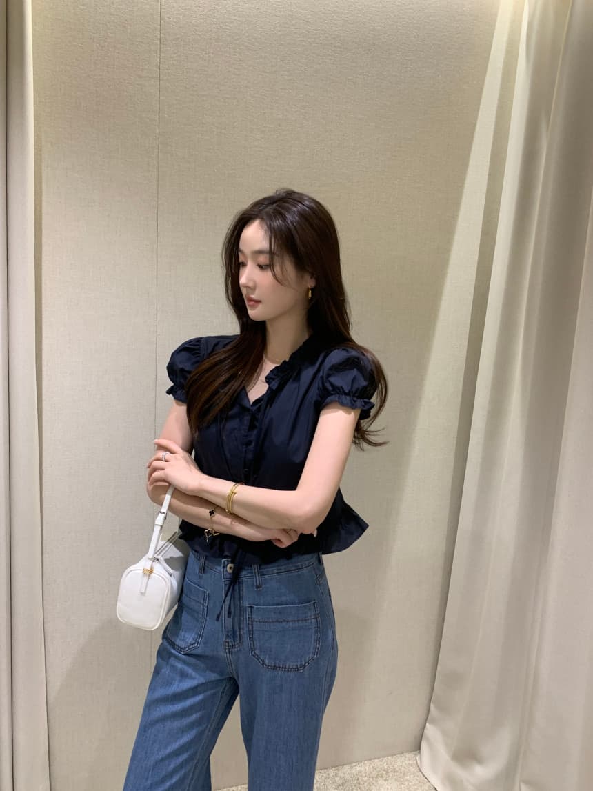 있음 선적 사이즈 업데이트 한국 chic 여름 새로운 달콤함 디자인 센스 레이스업 레이스 슬림해 보이는 쇼트 스타일 작은 셔츠 상세 이미지 5