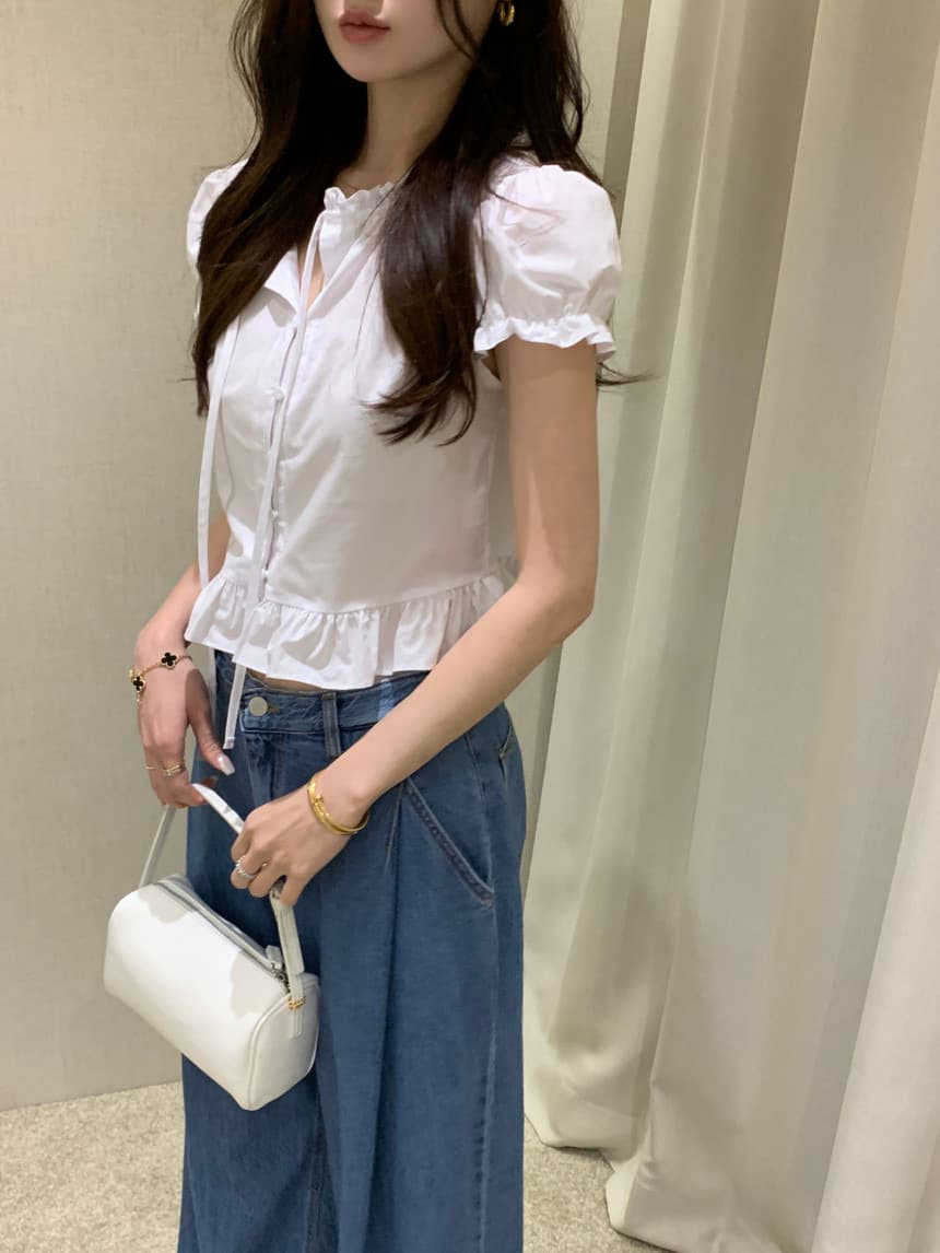 있음 선적 사이즈 업데이트 한국 chic 여름 새로운 달콤함 디자인 센스 레이스업 레이스 슬림해 보이는 쇼트 스타일 작은 셔츠 상세 이미지 11