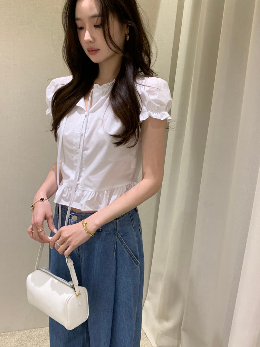 있음 선적 사이즈 업데이트 한국 chic 여름 새로운 달콤함 디자인 센스 레이스업 레이스 슬림해 보이는 쇼트 스타일 작은 셔츠 상세 이미지 13