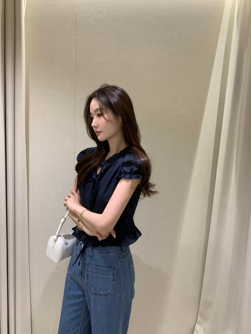 있음 선적 사이즈 업데이트 한국 chic 여름 새로운 달콤함 디자인 센스 레이스업 레이스 슬림해 보이는 쇼트 스타일 작은 셔츠 상세 이미지 15