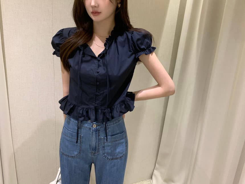 있음 선적 사이즈 업데이트 한국 chic 여름 새로운 달콤함 디자인 센스 레이스업 레이스 슬림해 보이는 쇼트 스타일 작은 셔츠 상세 이미지 16