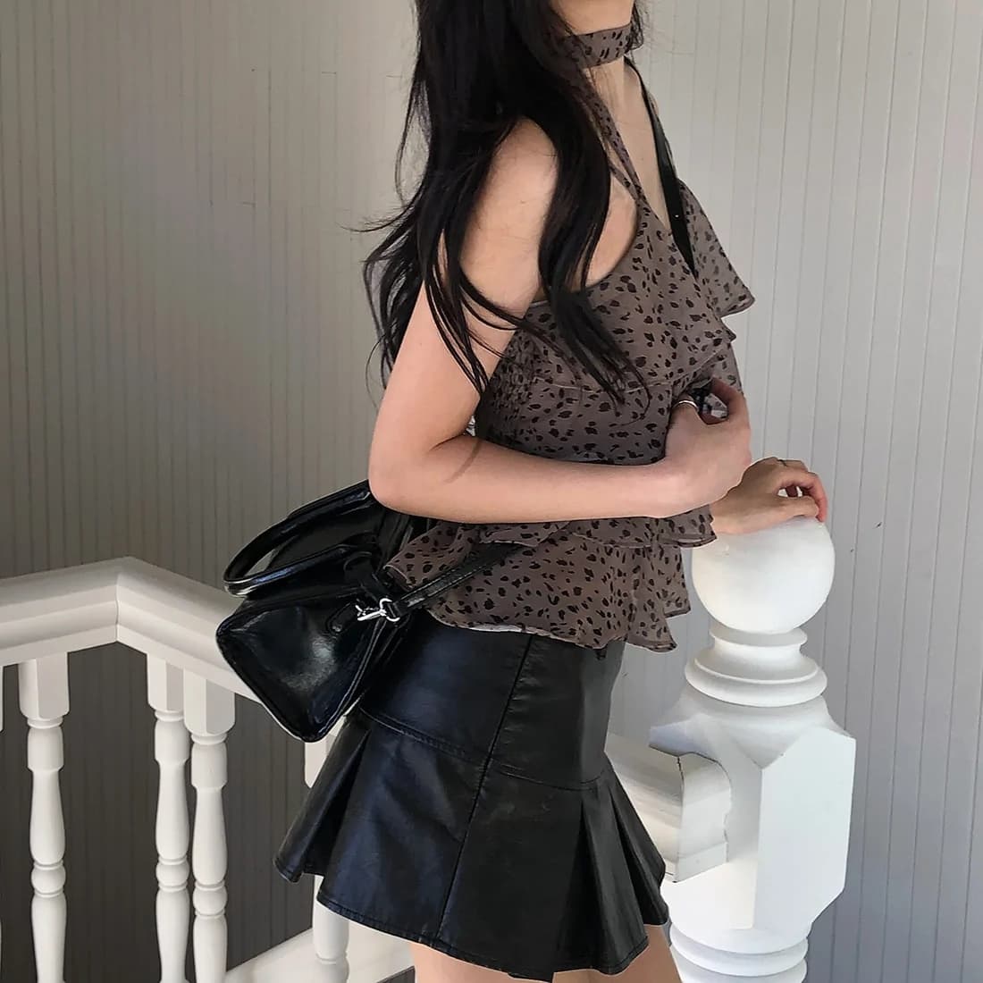 있음 선적 사이즈 업데이트 한국 chic 여름 새로운 섹시함 레오파드 무늬 케이크 층 행침 목 다용도 캐미솔 상세 이미지 44