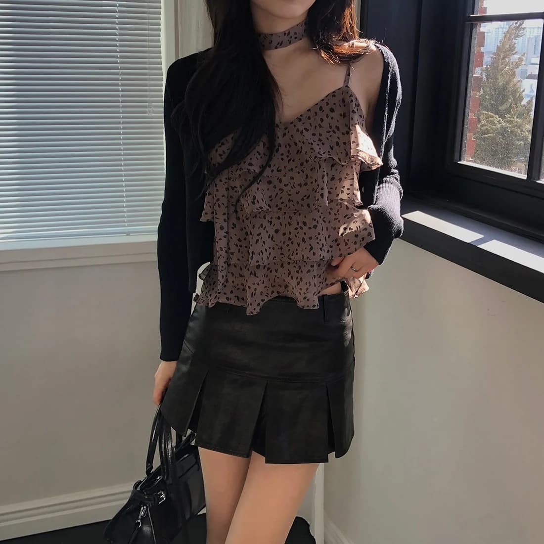 있음 선적 사이즈 업데이트 한국 chic 여름 새로운 섹시함 레오파드 무늬 케이크 층 행침 목 다용도 캐미솔 상세 이미지 45