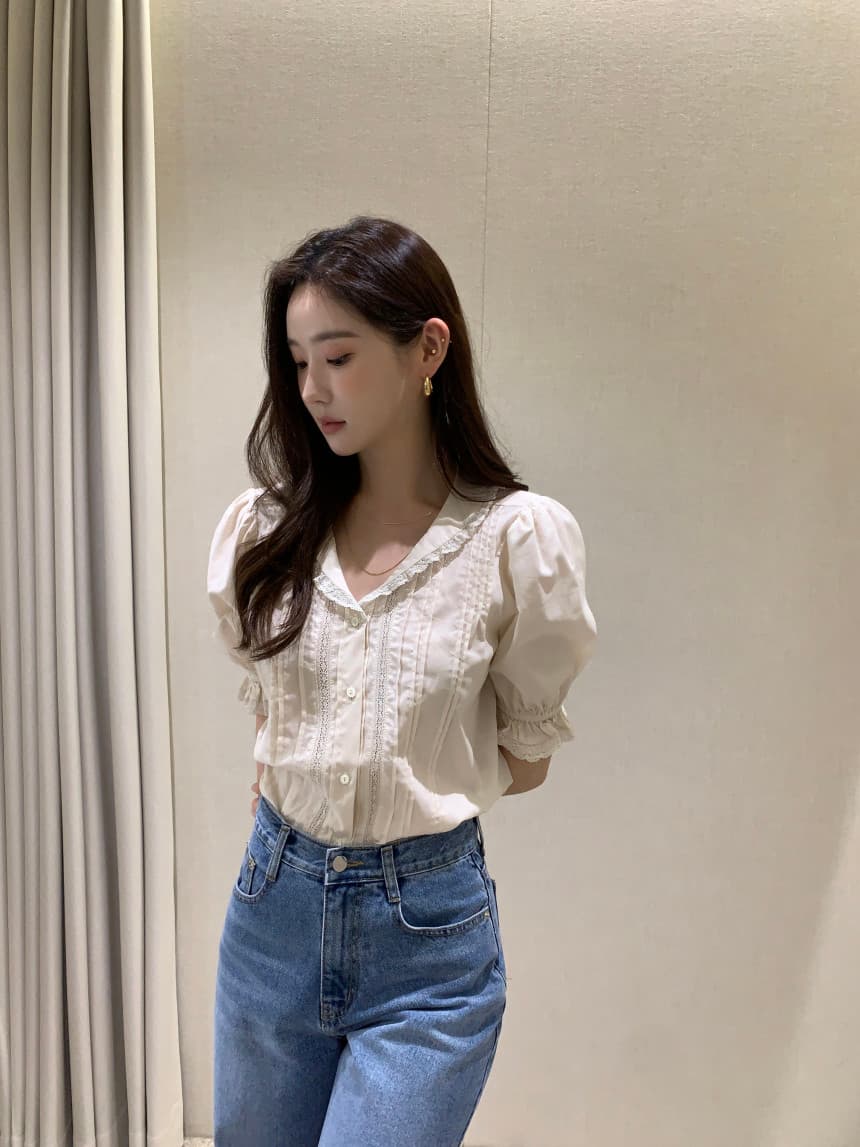있음 선적 사이즈 업데이트 한국 chic 여름 새로운 달콤함 베이비 칼라 패치워크 레이스 측면 품격 반팔 셔츠 상세 이미지 1