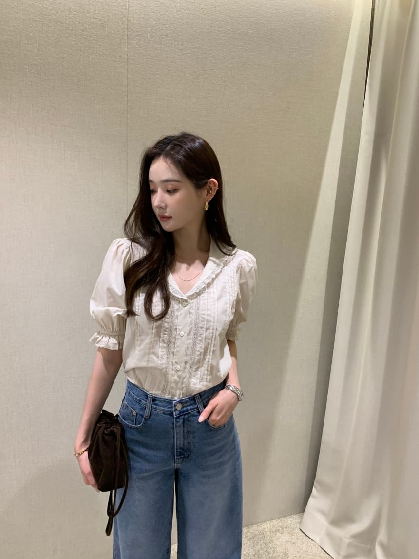 있음 선적 사이즈 업데이트 한국 chic 여름 새로운 달콤함 베이비 칼라 패치워크 레이스 측면 품격 반팔 셔츠 상세 이미지 5
