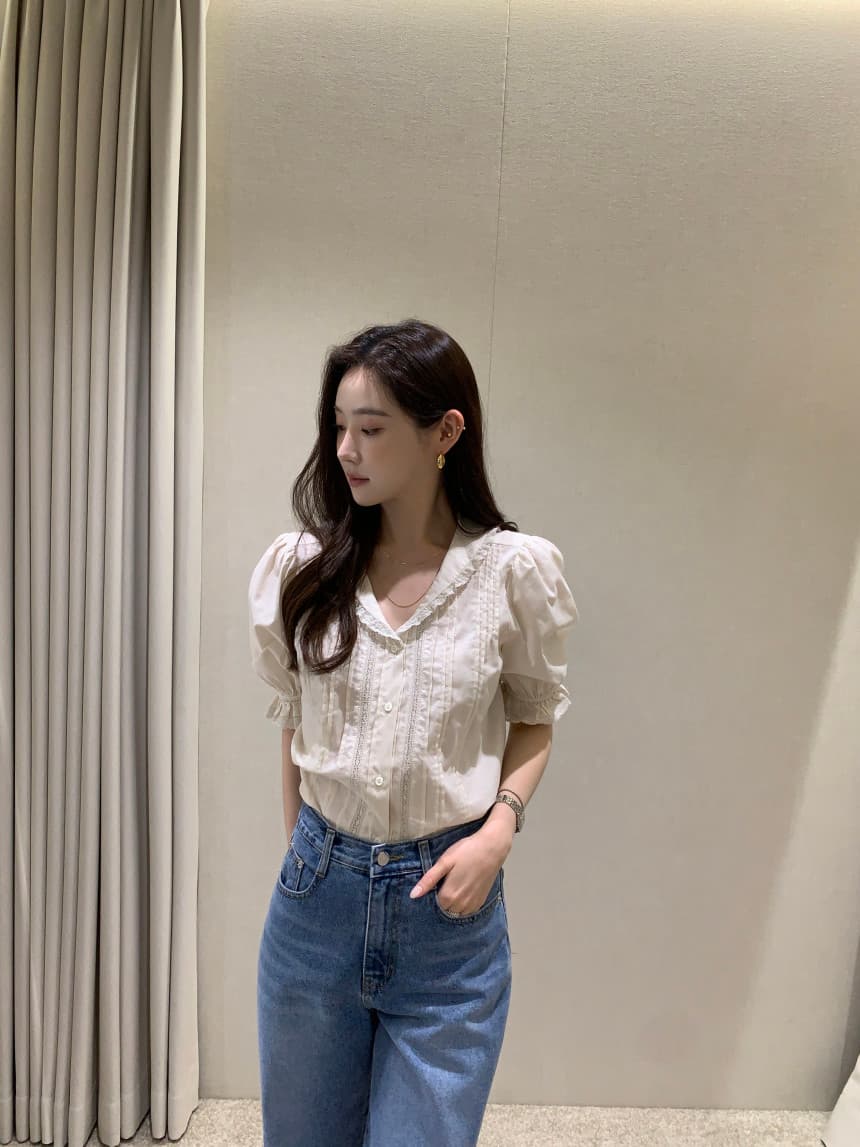 있음 선적 사이즈 업데이트 한국 chic 여름 새로운 달콤함 베이비 칼라 패치워크 레이스 측면 품격 반팔 셔츠 상세 이미지 10