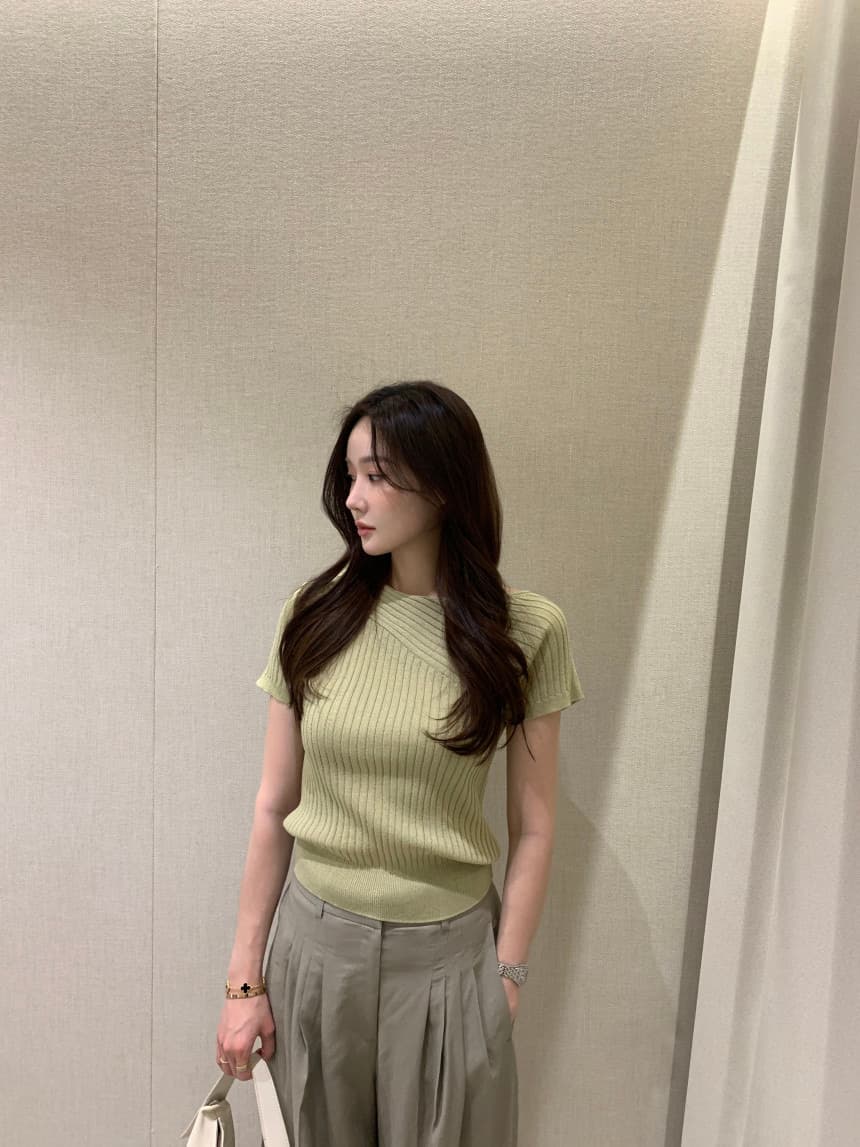 있음 선적 사이즈 업데이트 한국 chic 여름 새로운 프랑스식 불규칙 곡물 얇은 스타일 단색 반팔 니트 스웨터 상세 이미지 11