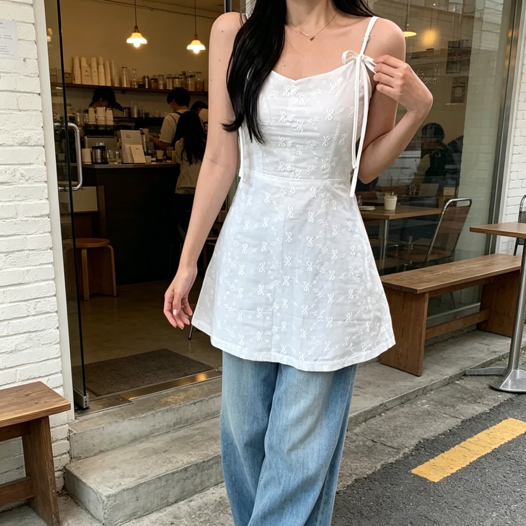 있음 선적 사이즈 업데이트 한국 chic 여름 새로운 달콤함 나비 매듭 뒤로 레이스업 슬립 드레스 이미지 3