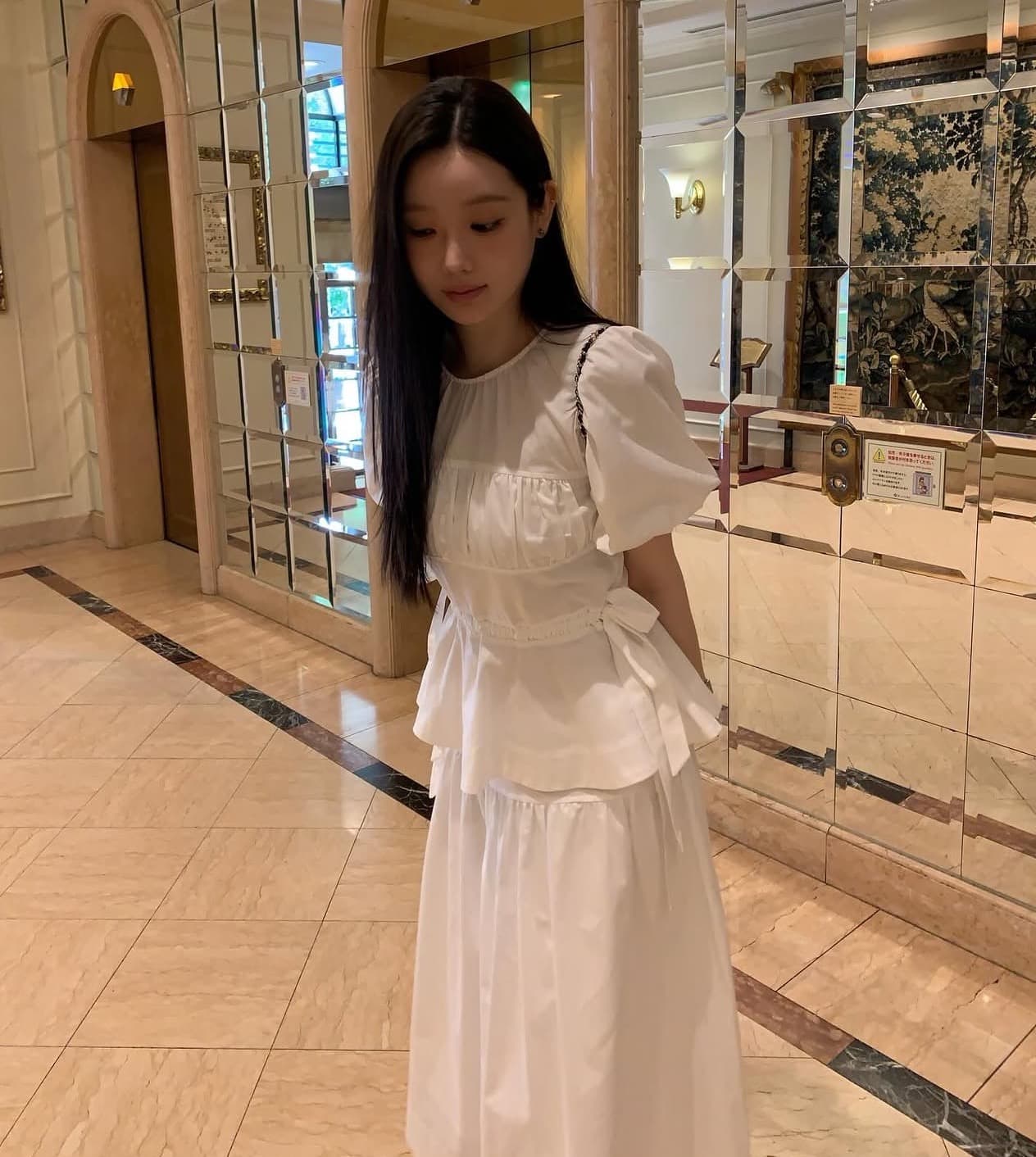 있음 선적 한국 chic 여름 새로운 라운드 넥 주름 허리 수축 레이스업 슬림해 보이는 반팔 셔츠 상세 이미지 1