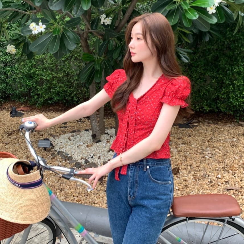 있음 선적 사이즈 업데이트 한국 chic 여름 새로운 V넥 거품 소매 몸매 가꾸기 레이스업 쇼트 스타일 셔츠 이미지 5