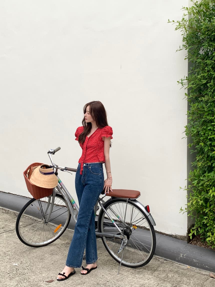 있음 선적 사이즈 업데이트 한국 chic 여름 새로운 V넥 거품 소매 몸매 가꾸기 레이스업 쇼트 스타일 셔츠 상세 이미지 12