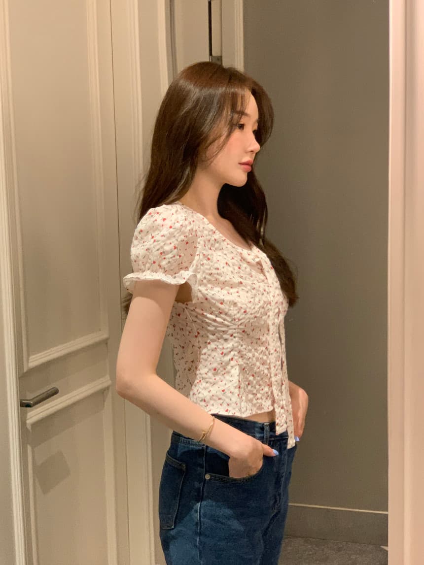 있음 선적 사이즈 업데이트 한국 chic 여름 새로운 V넥 거품 소매 몸매 가꾸기 레이스업 쇼트 스타일 셔츠 상세 이미지 27