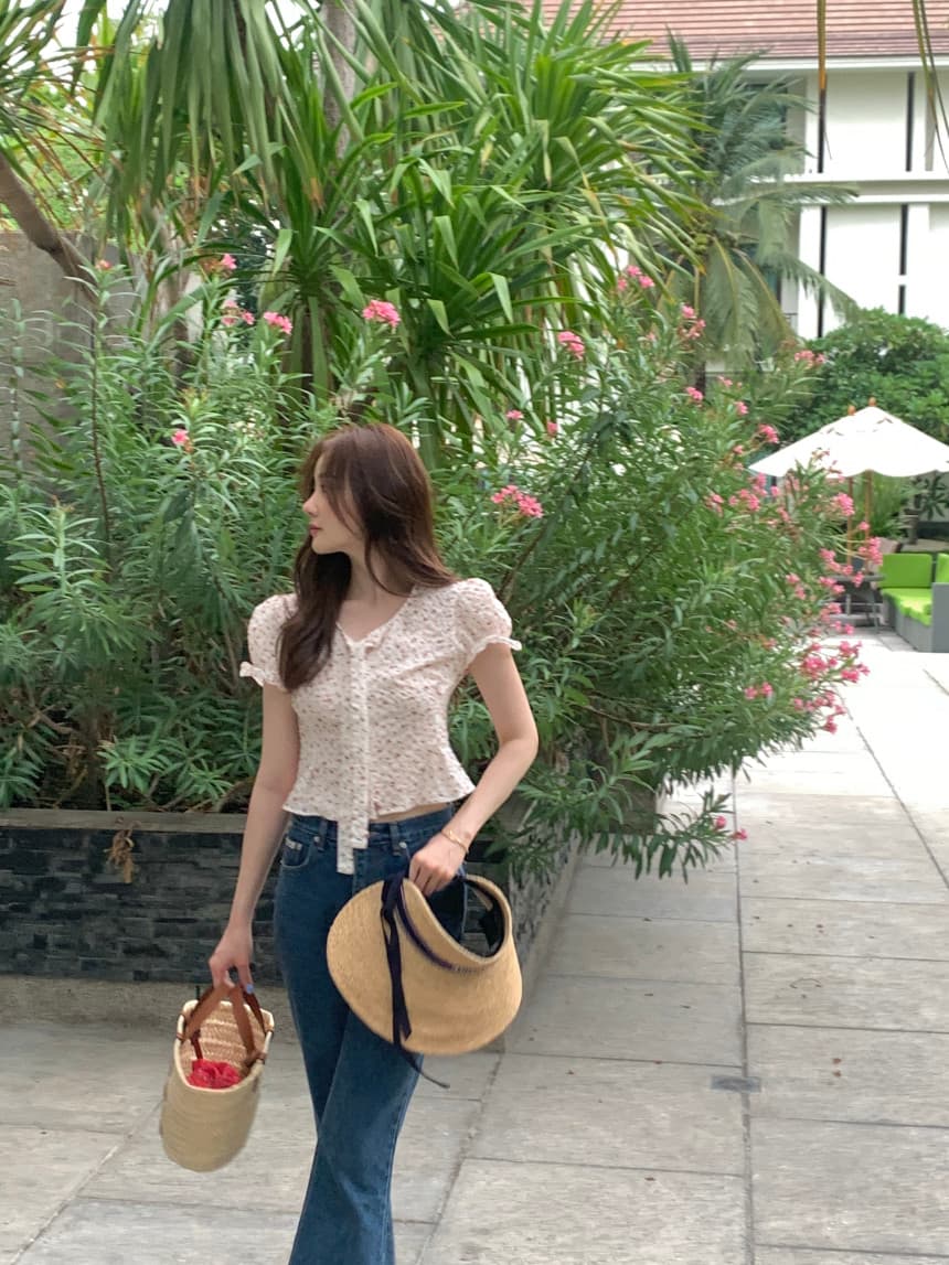 있음 선적 사이즈 업데이트 한국 chic 여름 새로운 V넥 거품 소매 몸매 가꾸기 레이스업 쇼트 스타일 셔츠 상세 이미지 33