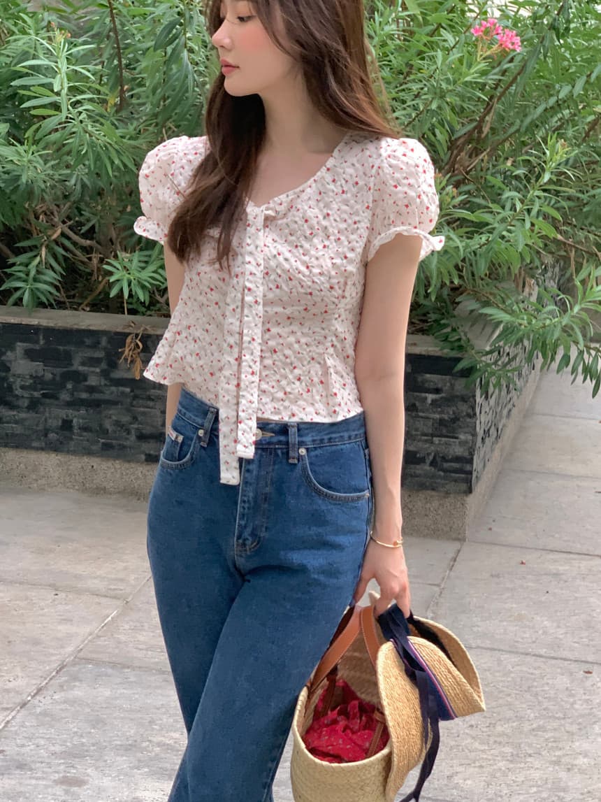 있음 선적 사이즈 업데이트 한국 chic 여름 새로운 V넥 거품 소매 몸매 가꾸기 레이스업 쇼트 스타일 셔츠 상세 이미지 34