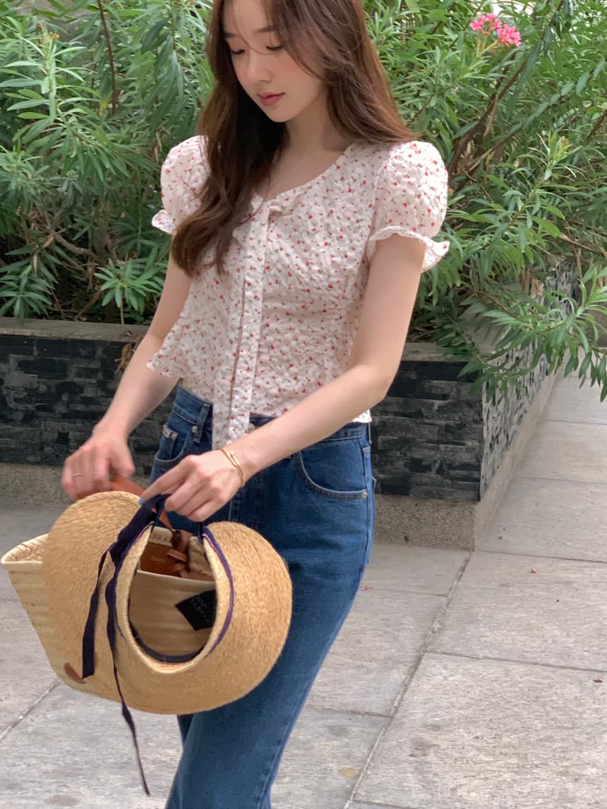 있음 선적 사이즈 업데이트 한국 chic 여름 새로운 V넥 거품 소매 몸매 가꾸기 레이스업 쇼트 스타일 셔츠 상세 이미지 35