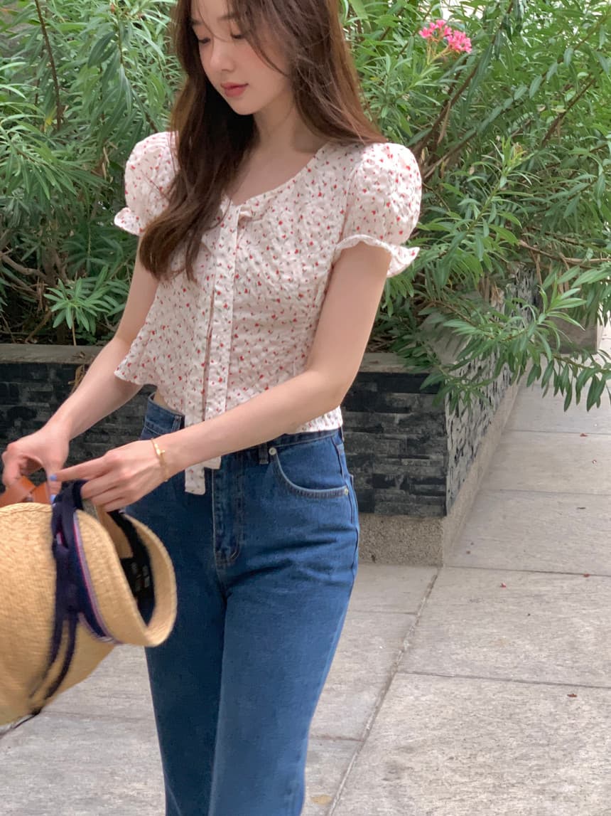 있음 선적 사이즈 업데이트 한국 chic 여름 새로운 V넥 거품 소매 몸매 가꾸기 레이스업 쇼트 스타일 셔츠 상세 이미지 36