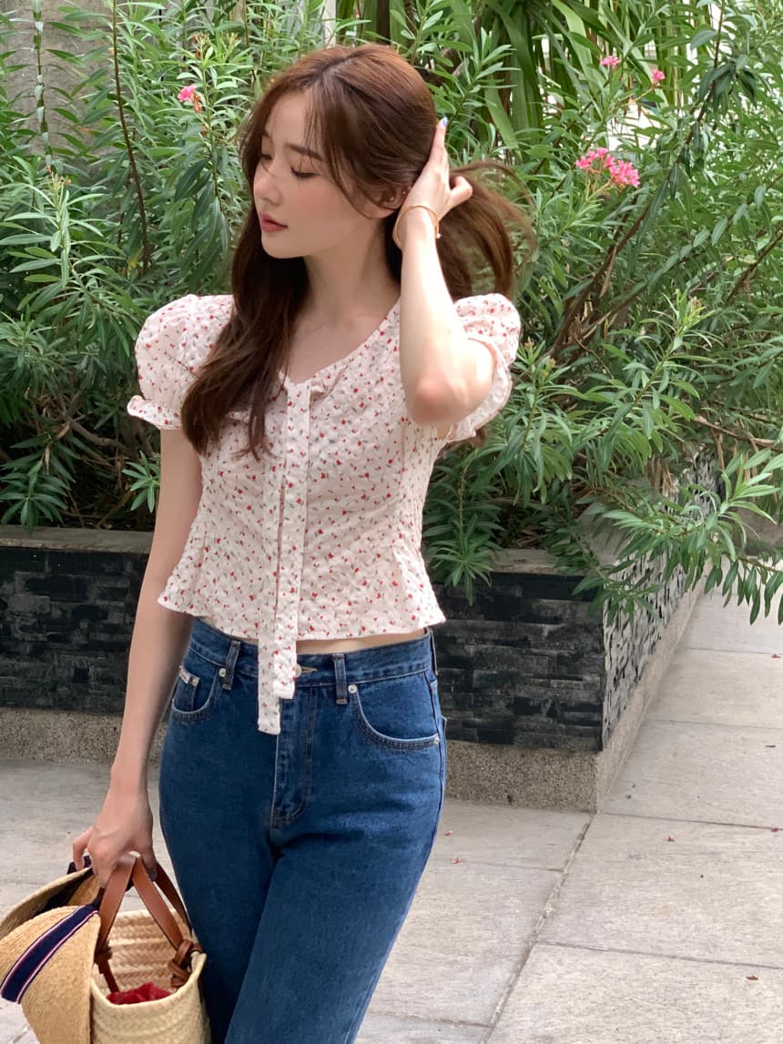 있음 선적 사이즈 업데이트 한국 chic 여름 새로운 V넥 거품 소매 몸매 가꾸기 레이스업 쇼트 스타일 셔츠 상세 이미지 37