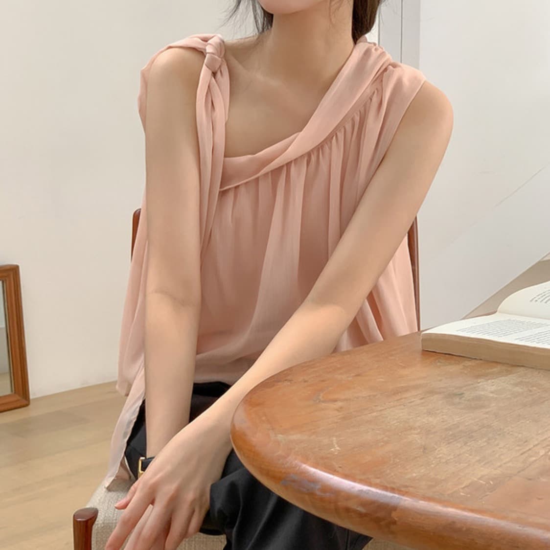 한국 chic 여름 새로운 디자인 센스 오프숄더 측면 레이스업 리본 달콤함 블라우스 이미지 3