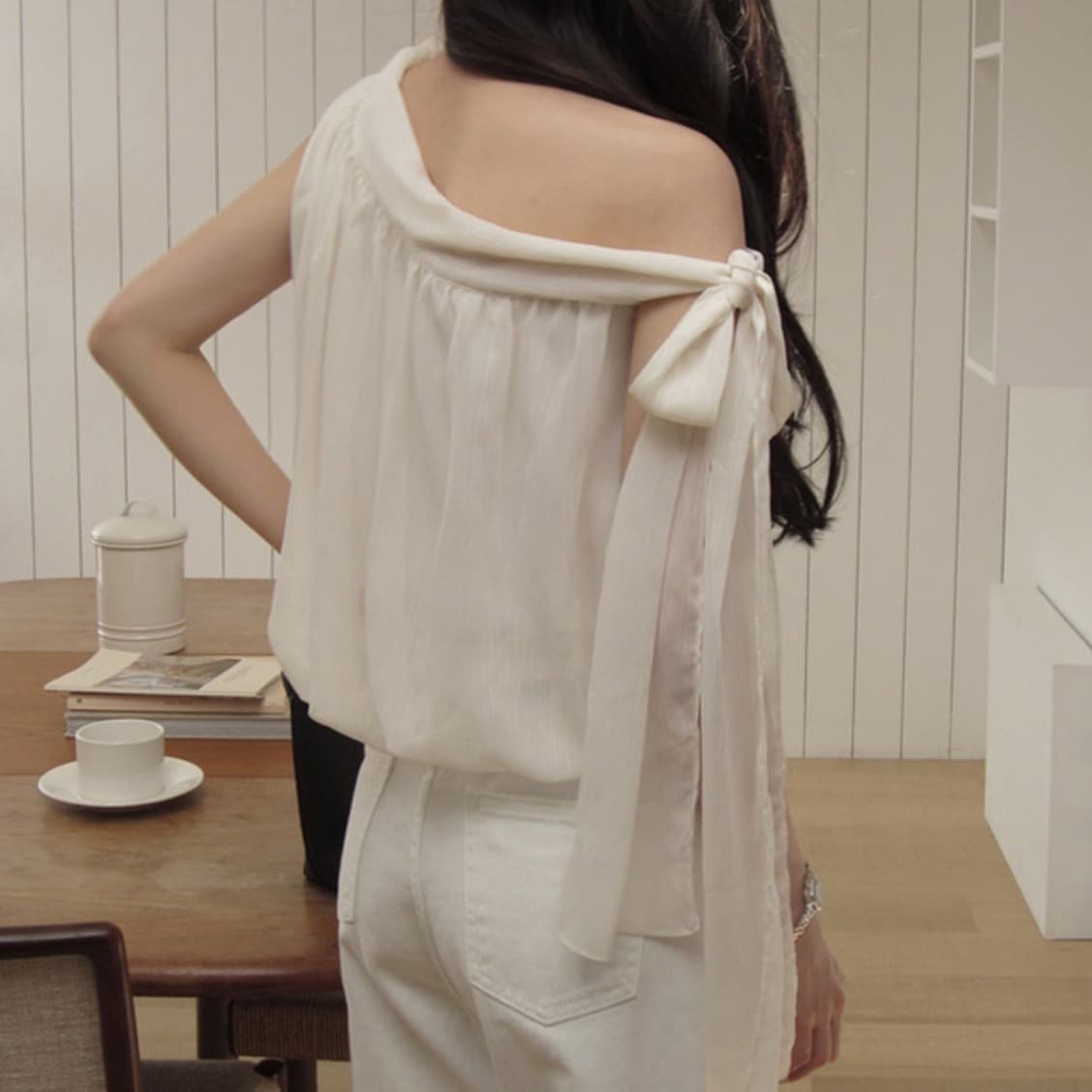 한국 chic 여름 새로운 디자인 센스 오프숄더 측면 레이스업 리본 달콤함 블라우스 이미지 5
