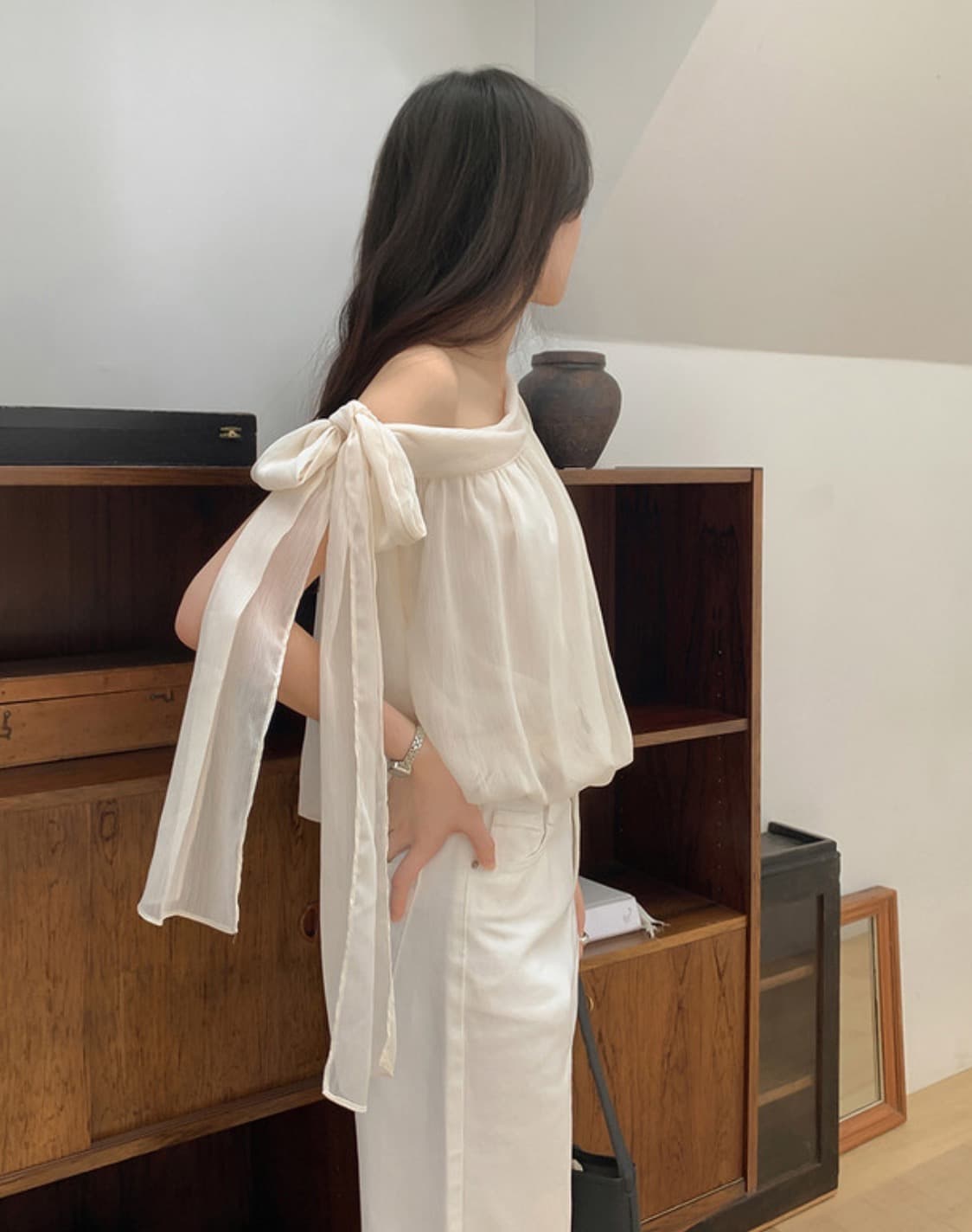 한국 chic 여름 새로운 디자인 센스 오프숄더 측면 레이스업 리본 달콤함 블라우스 상세 이미지 4