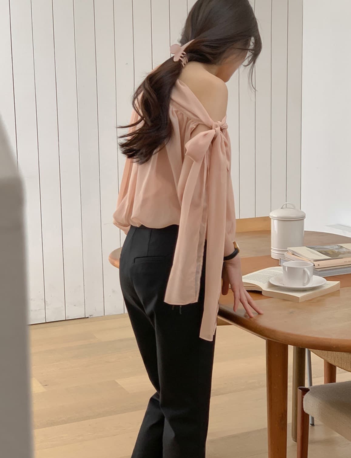 한국 chic 여름 새로운 디자인 센스 오프숄더 측면 레이스업 리본 달콤함 블라우스 상세 이미지 24