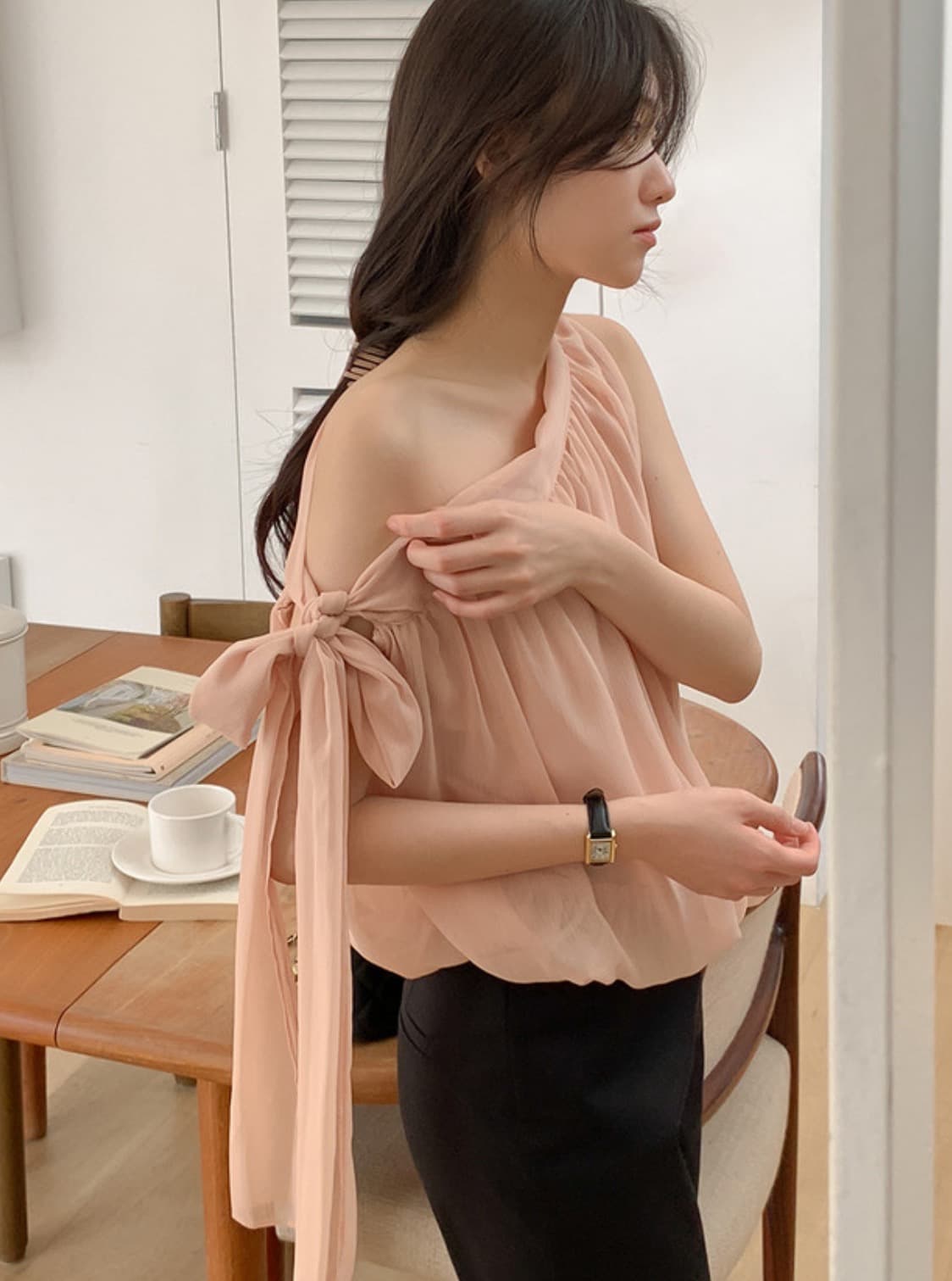 한국 chic 여름 새로운 디자인 센스 오프숄더 측면 레이스업 리본 달콤함 블라우스 상세 이미지 27