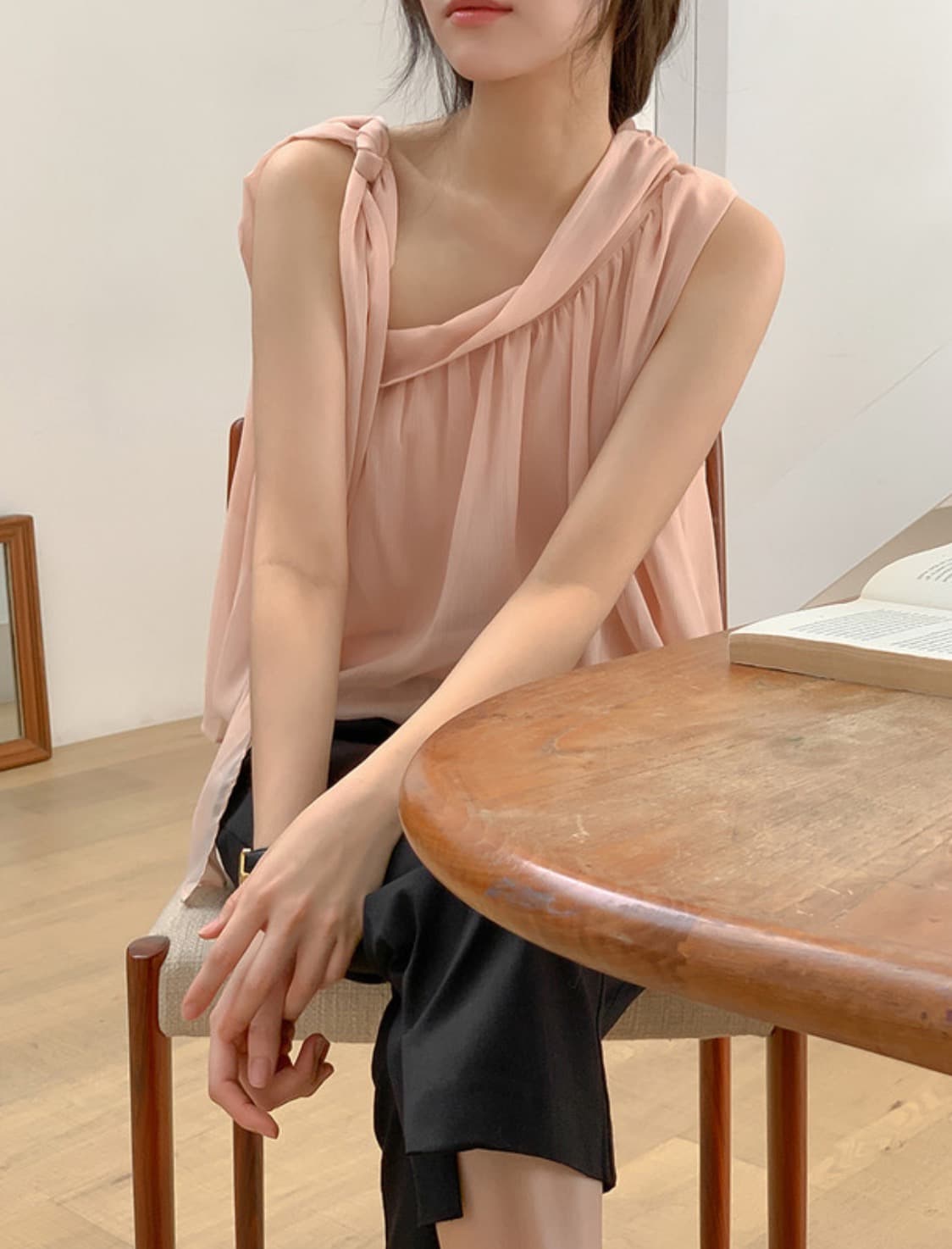 한국 chic 여름 새로운 디자인 센스 오프숄더 측면 레이스업 리본 달콤함 블라우스 상세 이미지 33
