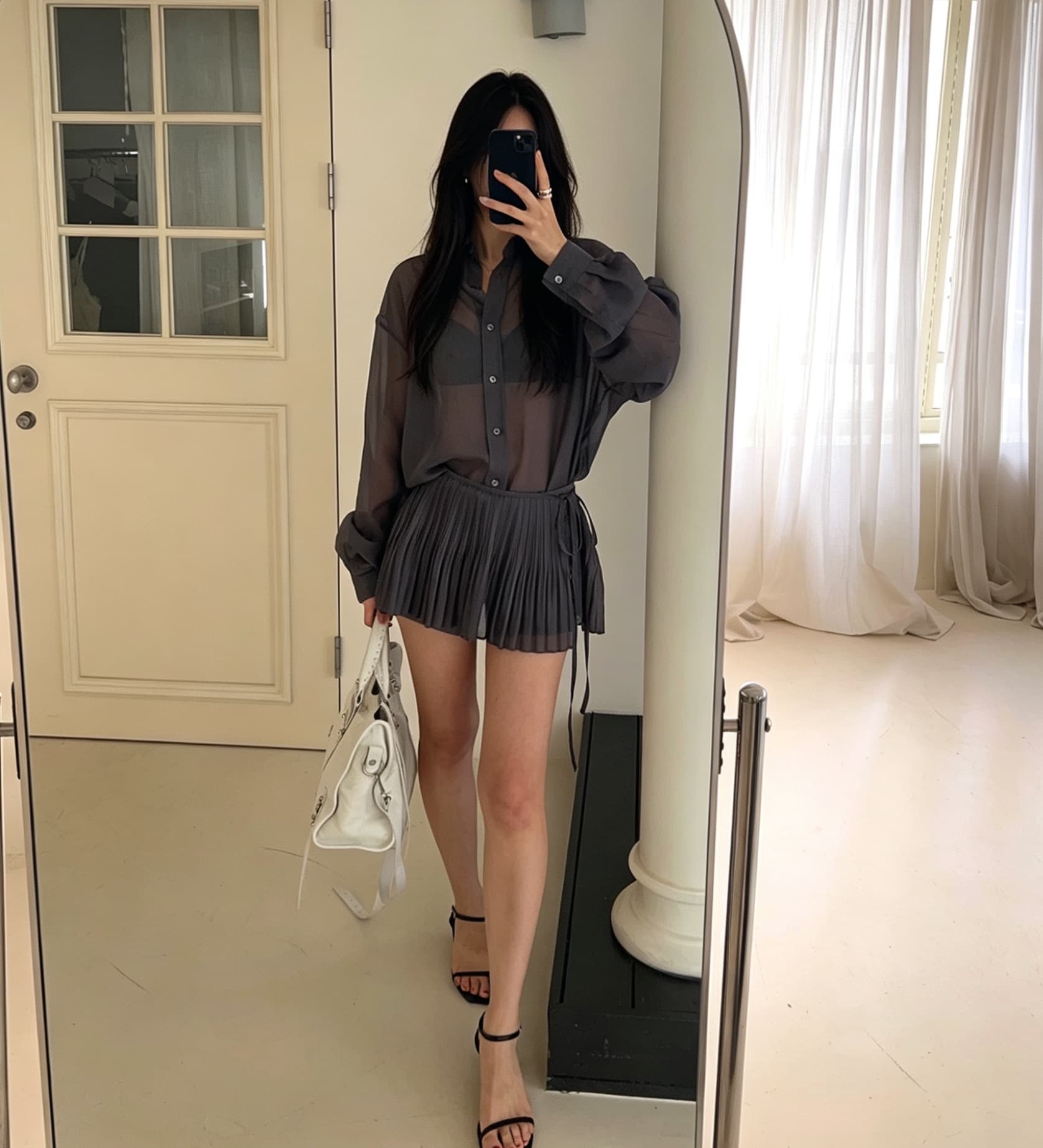 있음 선적 사이즈 업데이트 한국 chic 여름 새로운 얇은 스타일 셔츠 피 커튼 주름 치마 레이스업 세트 상세 이미지 3