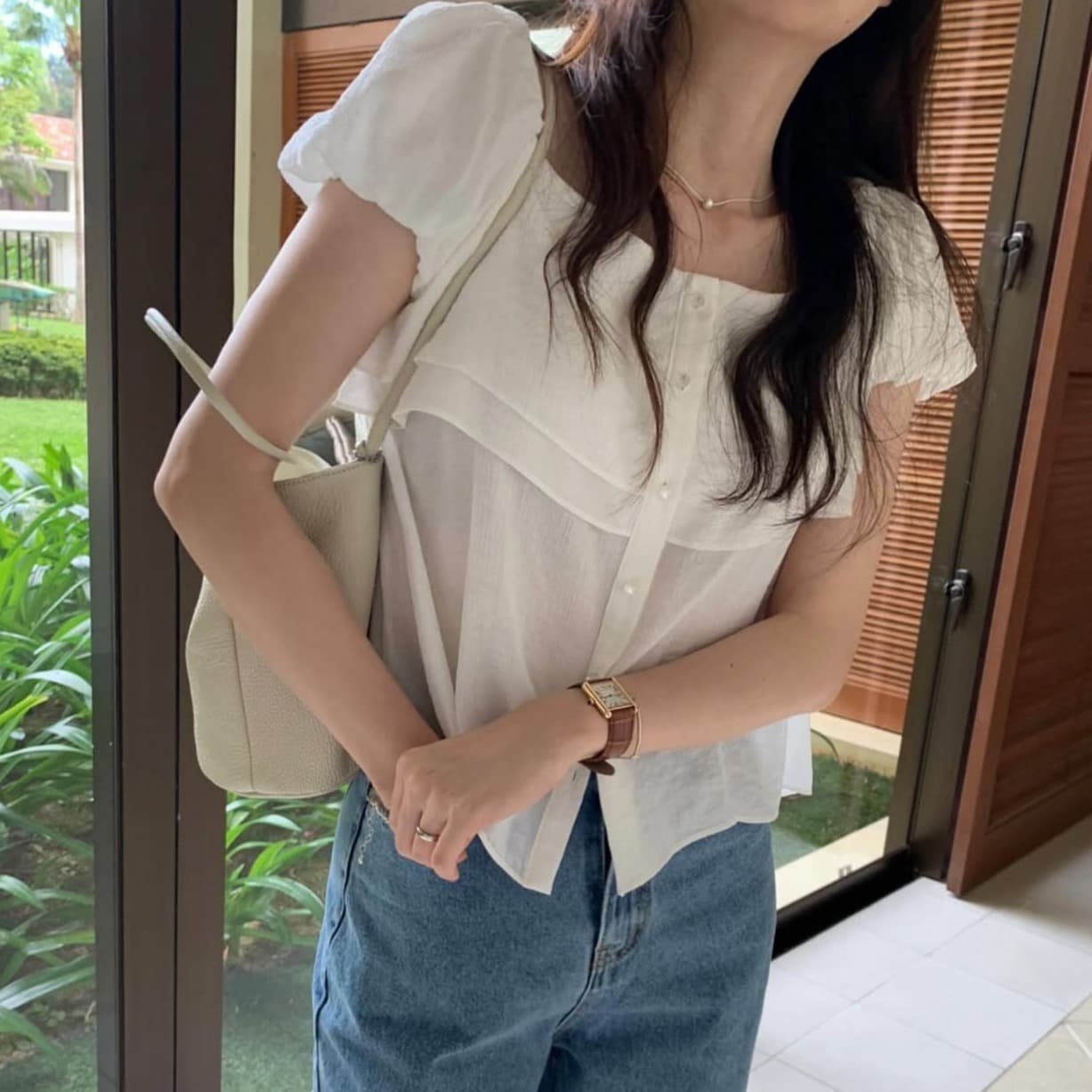 있음 선적 사이즈 업데이트 한국 chic 여름 새로운 디자인 센스 광장 칼라 단추 작은 꽃밭 소매 반팔 셔츠 이미지 3