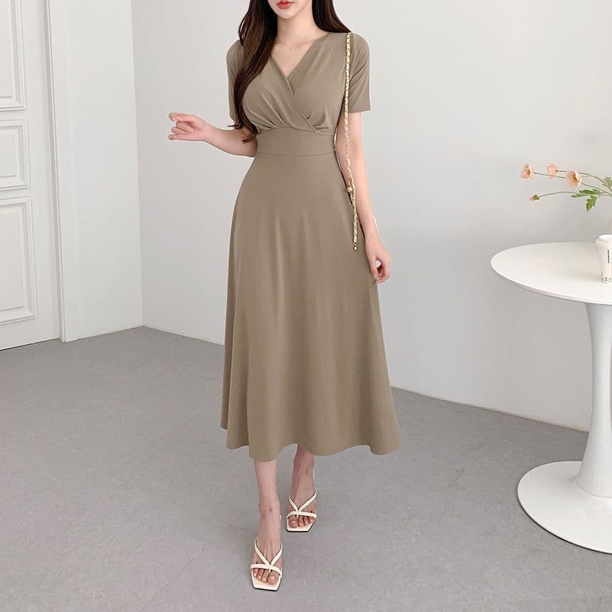 있음 선적 사이즈 업데이트 chic 여름 품격 V넥 레이스업 반팔 여성 드레스 허리 수축 슬림해 보이는 롱 스커트 상세 이미지 7