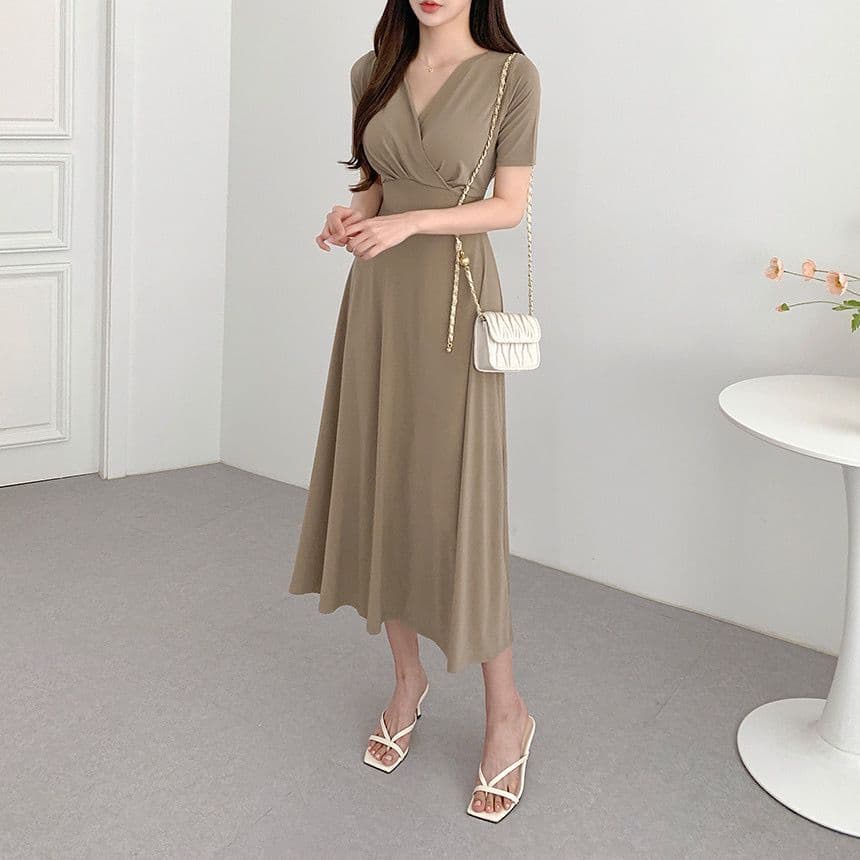 있음 선적 사이즈 업데이트 chic 여름 품격 V넥 레이스업 반팔 여성 드레스 허리 수축 슬림해 보이는 롱 스커트 상세 이미지 8