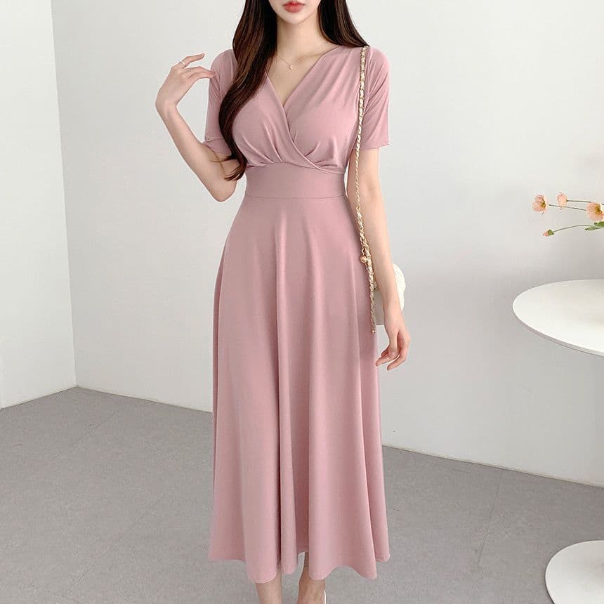 있음 선적 사이즈 업데이트 chic 여름 품격 V넥 레이스업 반팔 여성 드레스 허리 수축 슬림해 보이는 롱 스커트 상세 이미지 9