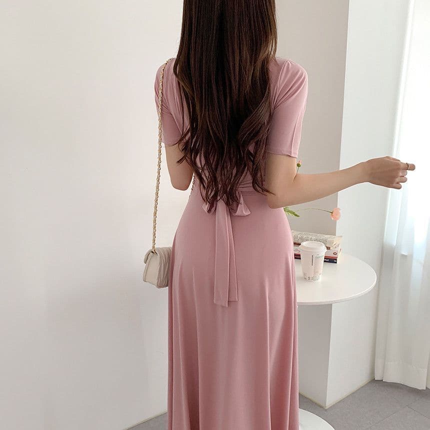 있음 선적 사이즈 업데이트 chic 여름 품격 V넥 레이스업 반팔 여성 드레스 허리 수축 슬림해 보이는 롱 스커트 상세 이미지 10