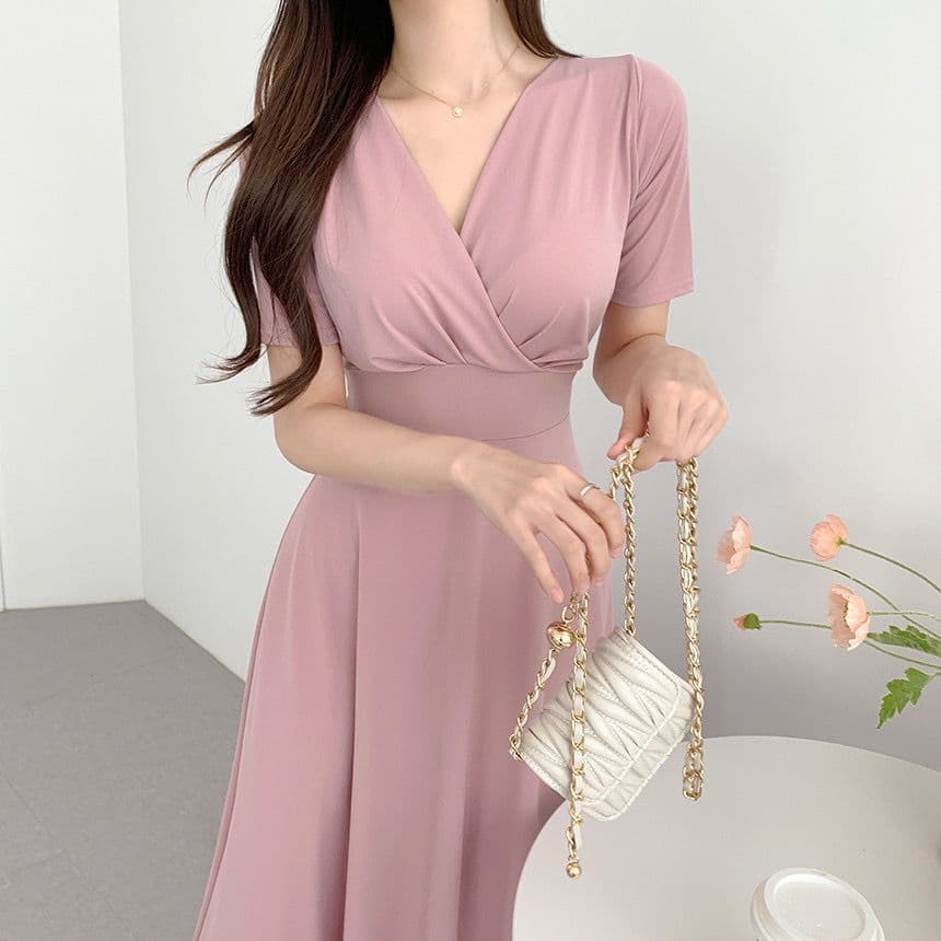 있음 선적 사이즈 업데이트 chic 여름 품격 V넥 레이스업 반팔 여성 드레스 허리 수축 슬림해 보이는 롱 스커트 상세 이미지 11
