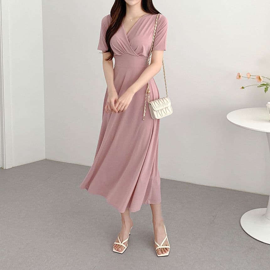 있음 선적 사이즈 업데이트 chic 여름 품격 V넥 레이스업 반팔 여성 드레스 허리 수축 슬림해 보이는 롱 스커트 상세 이미지 14