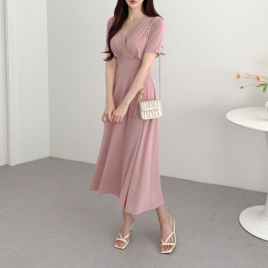 있음 선적 사이즈 업데이트 chic 여름 품격 V넥 레이스업 반팔 여성 드레스 허리 수축 슬림해 보이는 롱 스커트 상세 이미지 15