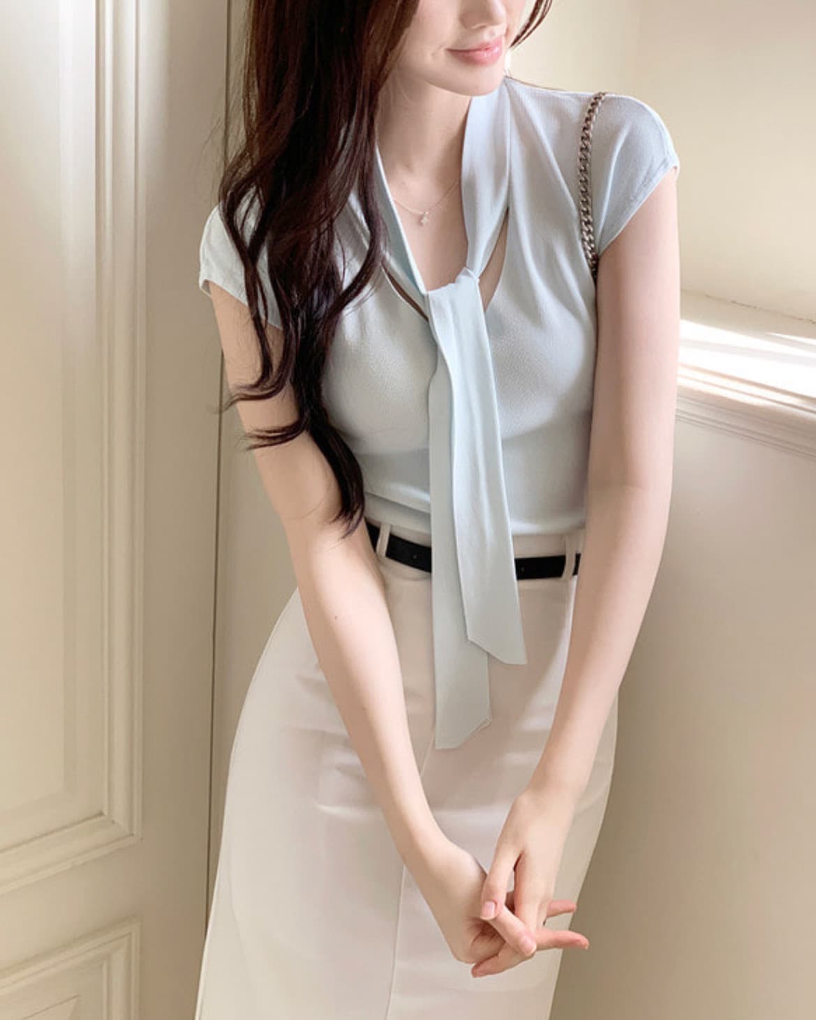 있음 선적 chic 여름 새로운 ins 디자인 센스 프랑스식 달콤함 레이스업 얇은 스타일 품격 반팔 니트 스웨터 상세 이미지 19