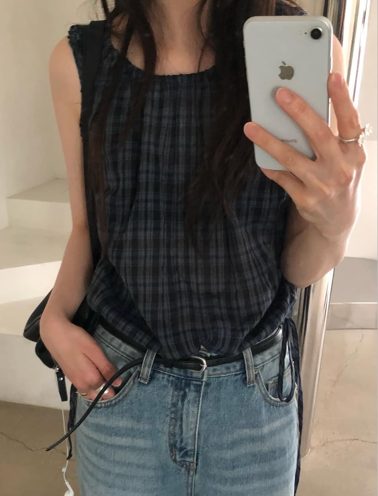 있음 선적 사이즈 업데이트 한국 chic 여름 새로운 달콤함 체크무늬 허리 펌프 로프 슬림해 보이는 민소매 셔츠 상세 이미지 1