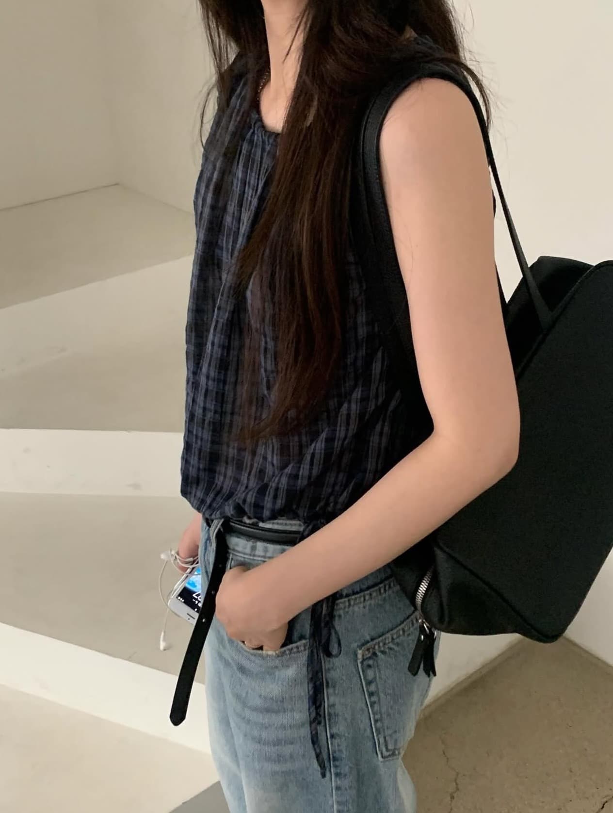 있음 선적 사이즈 업데이트 한국 chic 여름 새로운 달콤함 체크무늬 허리 펌프 로프 슬림해 보이는 민소매 셔츠 상세 이미지 3