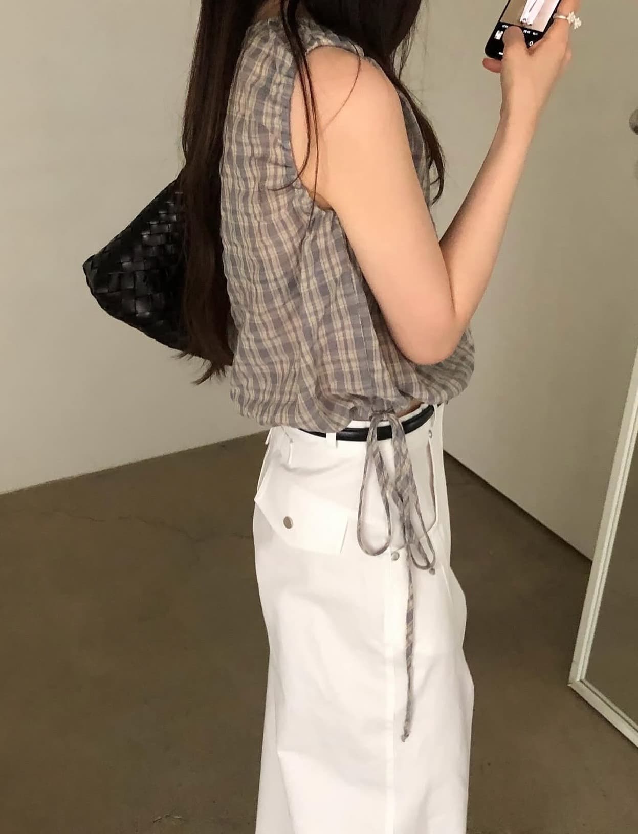 있음 선적 사이즈 업데이트 한국 chic 여름 새로운 달콤함 체크무늬 허리 펌프 로프 슬림해 보이는 민소매 셔츠 상세 이미지 4