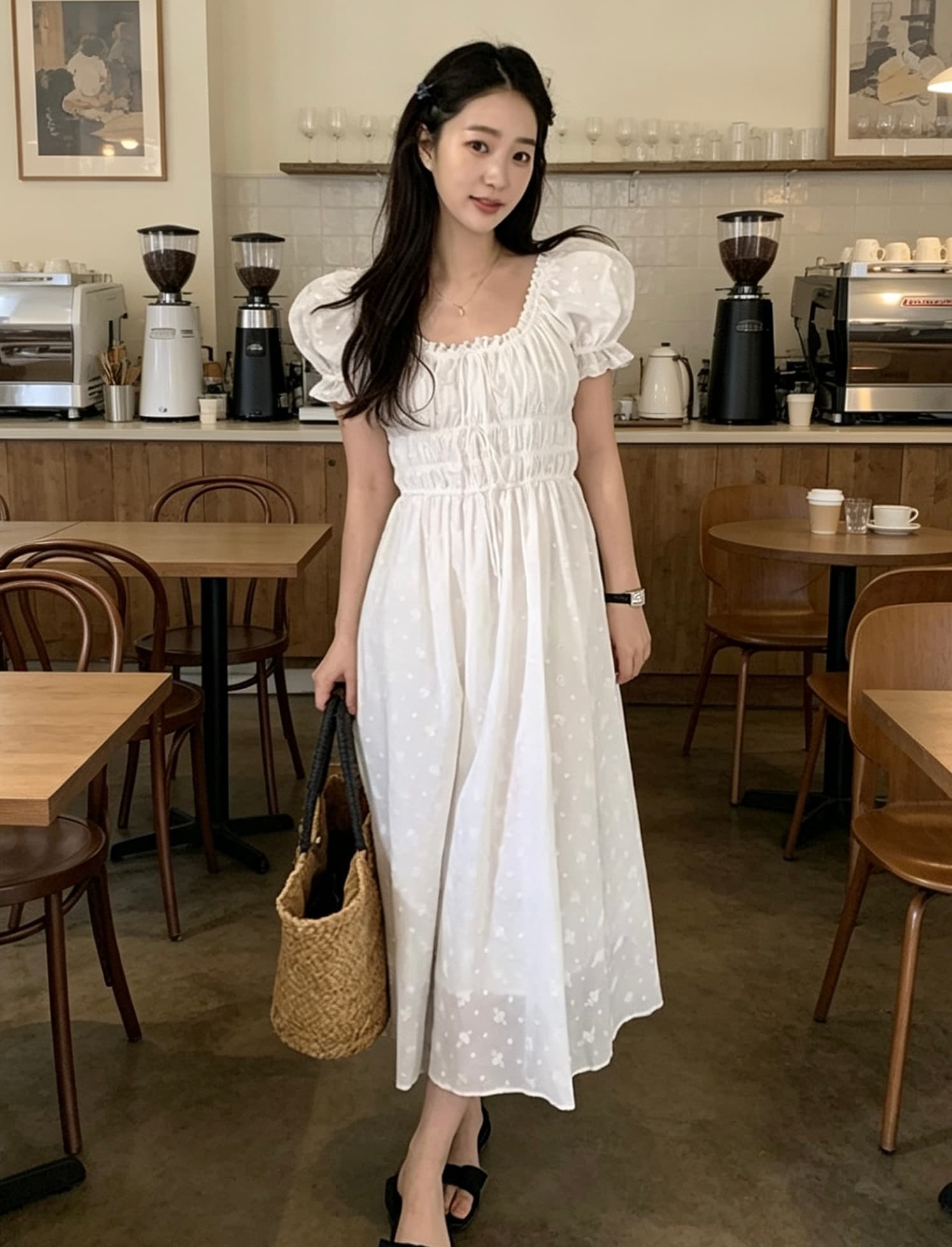 있음 선적 사이즈 업데이트 한국 chic 여름 새로운 달콤함 자수 자카드 주름 허리 수축 슬림해 보이는 드레스 이미지 2