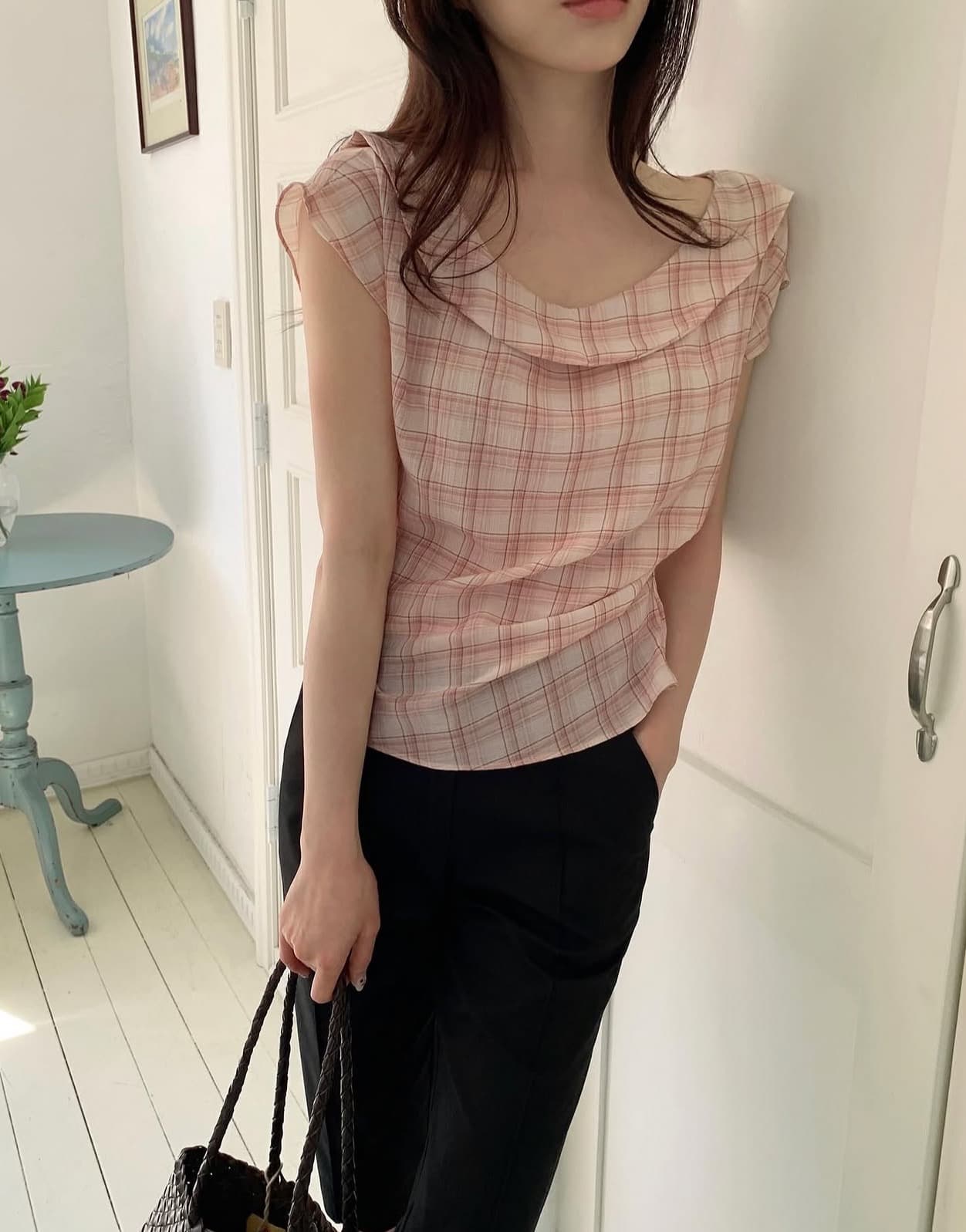 있음 선적 사이즈 업데이트 한국 chic 여름 새로운 레트로 달콤함 체크무늬 얇은 스타일 프릴 반팔 셔츠 이미지 3
