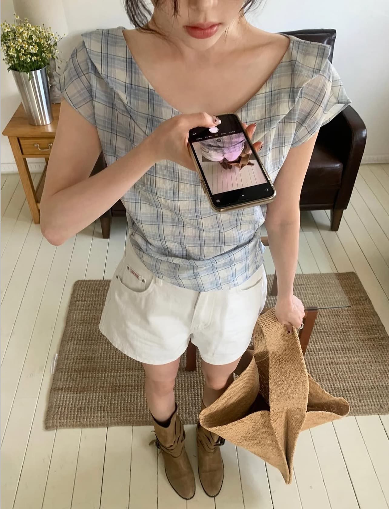 있음 선적 사이즈 업데이트 한국 chic 여름 새로운 레트로 달콤함 체크무늬 얇은 스타일 프릴 반팔 셔츠 상세 이미지 1