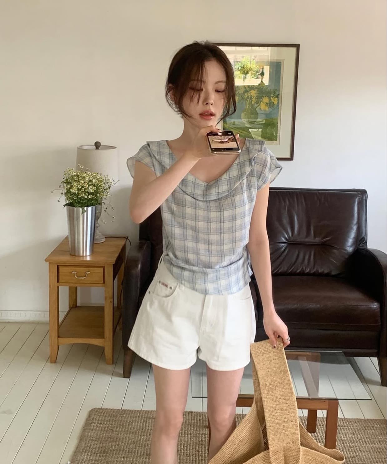 있음 선적 사이즈 업데이트 한국 chic 여름 새로운 레트로 달콤함 체크무늬 얇은 스타일 프릴 반팔 셔츠 상세 이미지 2