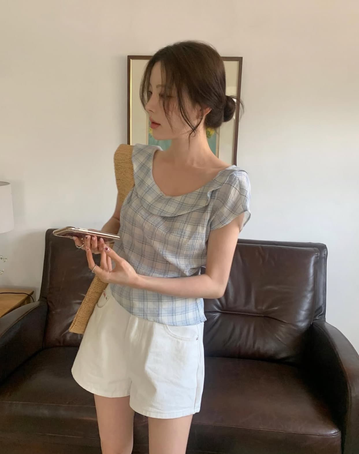 있음 선적 사이즈 업데이트 한국 chic 여름 새로운 레트로 달콤함 체크무늬 얇은 스타일 프릴 반팔 셔츠 상세 이미지 4