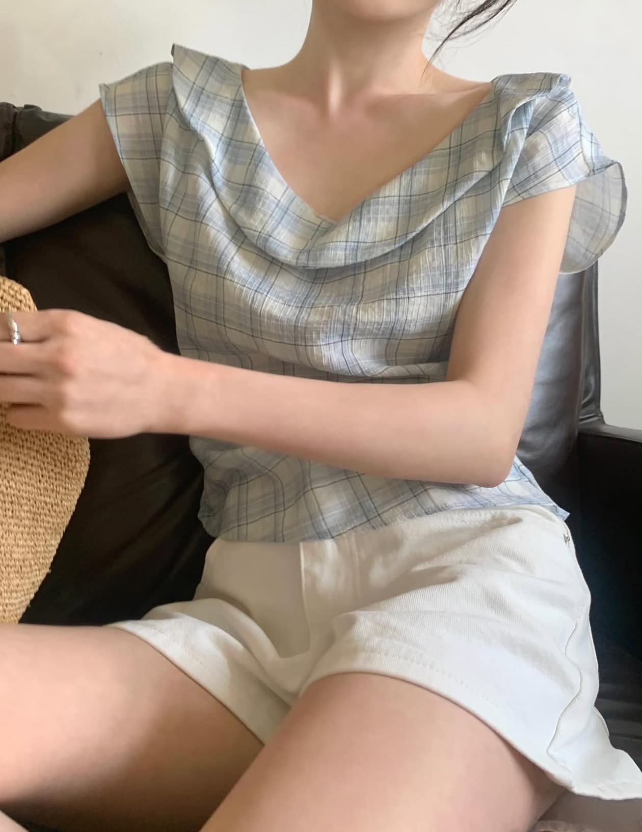 있음 선적 사이즈 업데이트 한국 chic 여름 새로운 레트로 달콤함 체크무늬 얇은 스타일 프릴 반팔 셔츠 상세 이미지 6
